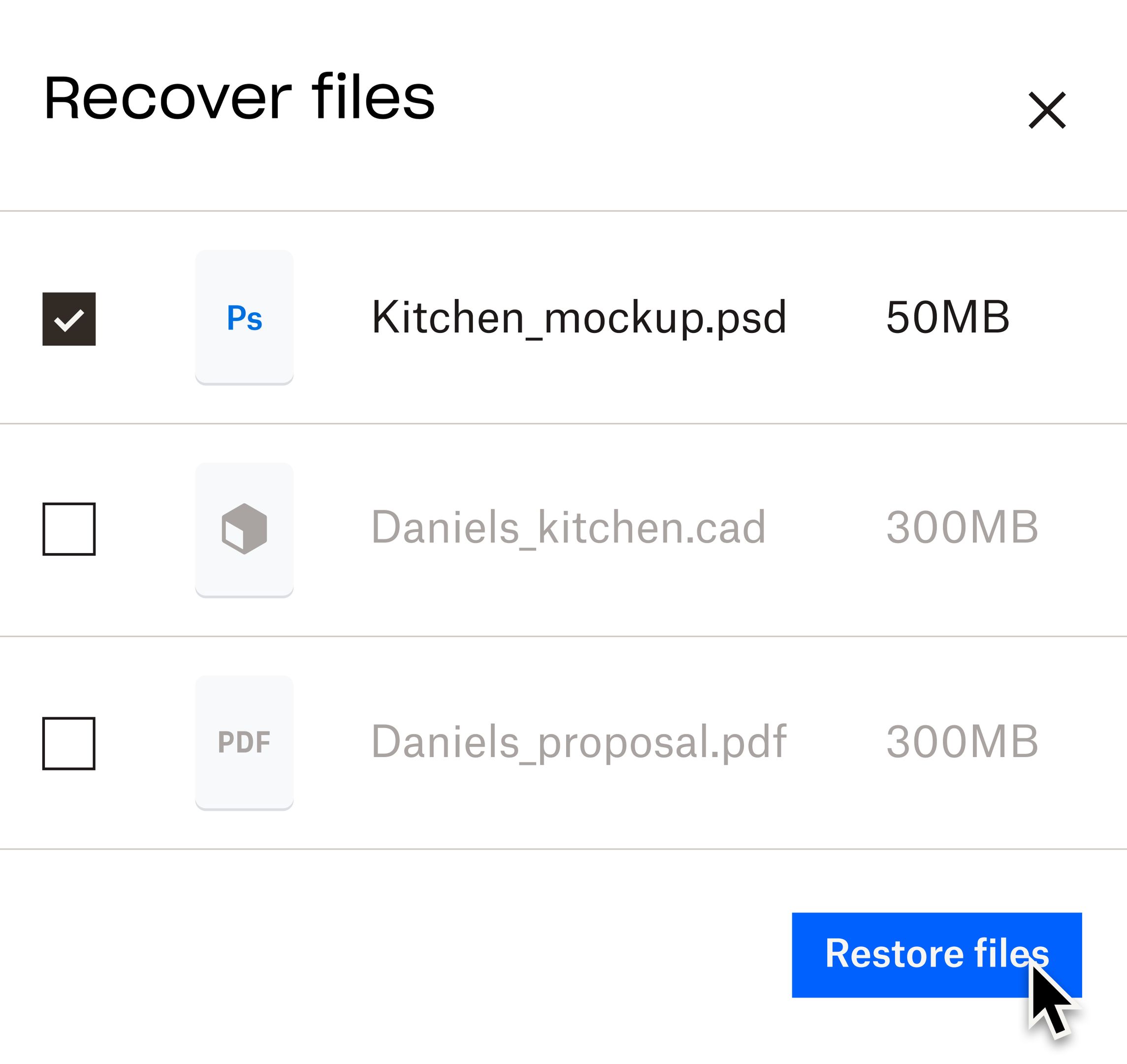 Dropbox 클라우드 스토리지에 있는 파일을 복원하는 프로세스를 보여주는 시각적 예시